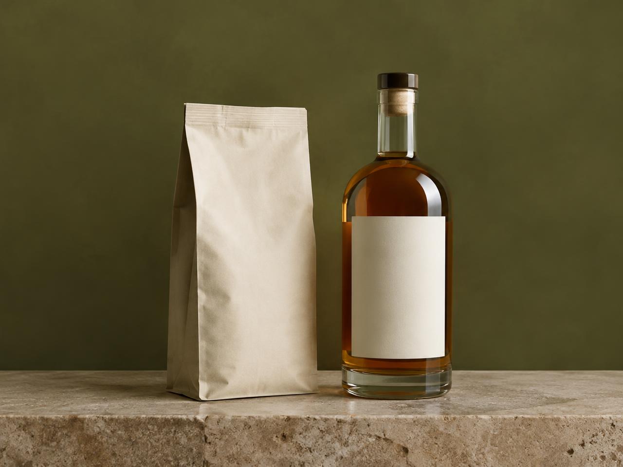 An unlabelled coffee bag beside a whisky bottle with a blank label