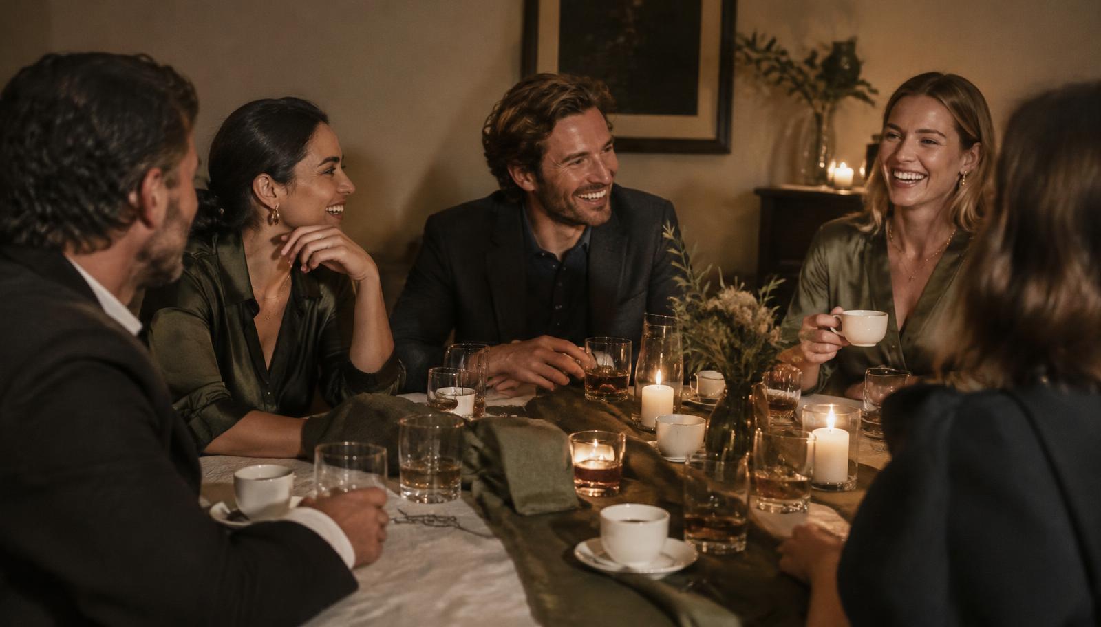 Friends talking around a candlelit table