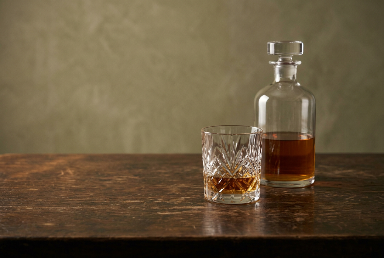 A whisky glass and unlabelled decanter on a wooden table